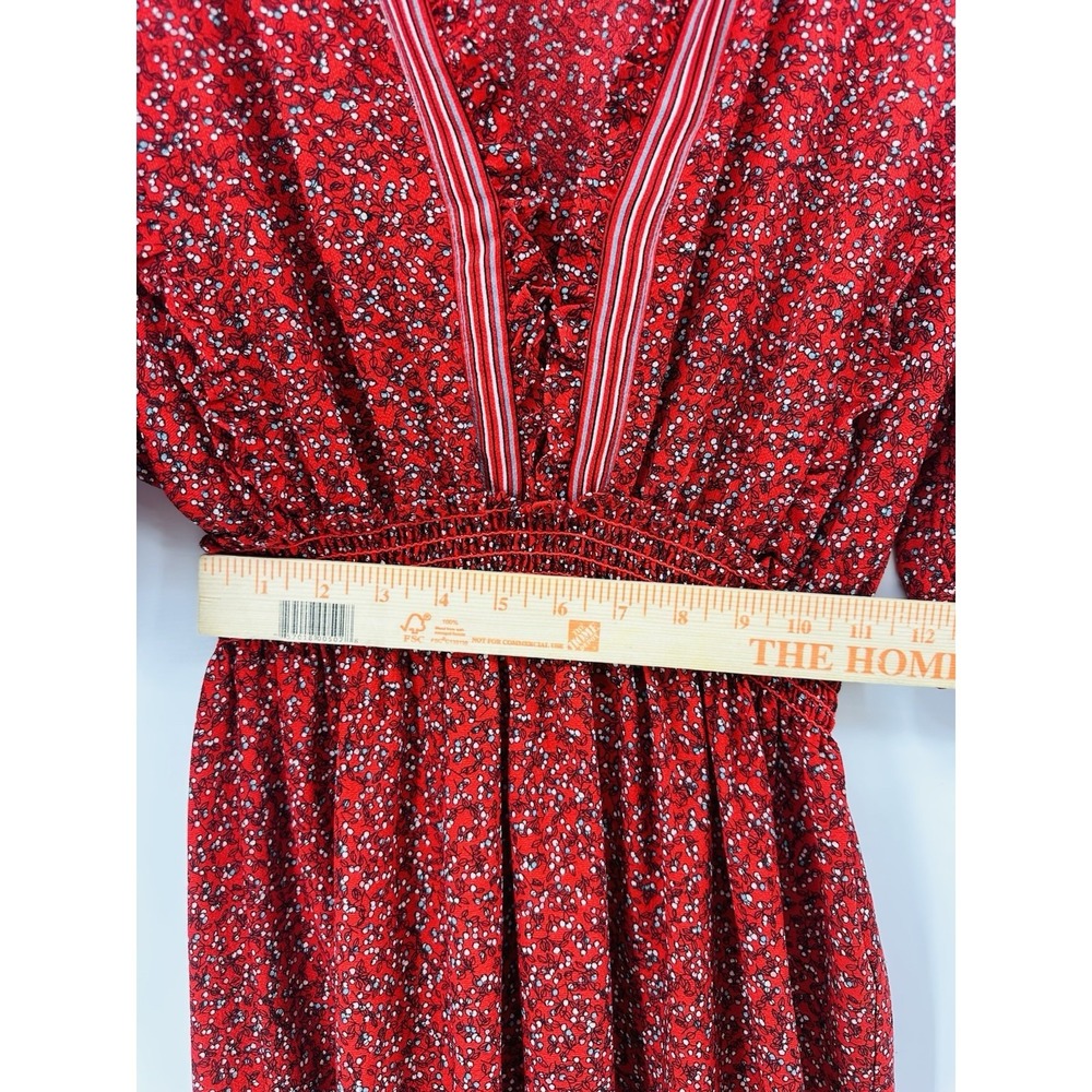 Max Studio Red Floral Boho Maxi Dress L Smocked Waist Tiered Cottagecore WW11 - Picture 5 of 13